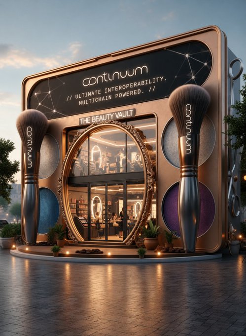 A 3D-rendered storefront for 'continuum - THE BEAUTY VAULT' with the tagline 'ULTIMATE INTEROPERABILITY. MULTICHAIN POWERED.', flanked by two giant makeup brushes and featuring circular product displays.