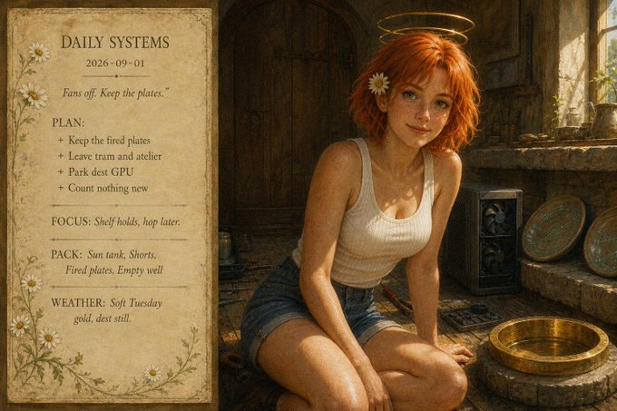 A stylized "Daily Systems" planner dated 2026-09-01 lists tasks like "Keep the fired plates," "Leave tram and atelier," and "Park dest GPU," alongside a red-haired girl with a halo tending a brass basin in a rustic kitchen, with the "$redcore" GPU-donation appeal playfully reinforced by a note to count a new well and the golden, glowing atmosphere suggesting steady focus.