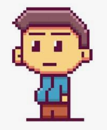 A simple 2D pixel art character of a young man with brown hair, a blue shirt, and brown pants.