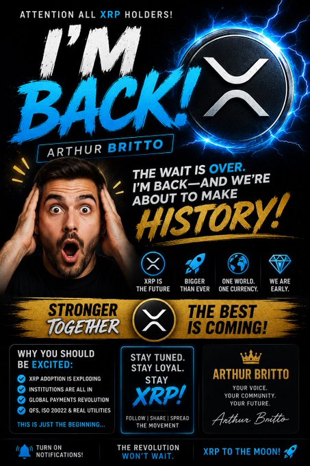 A promotional graphic featuring a shocked man with the text "I'M BACK!" and "ARTHUR BRITTO" announcing the return of an XRP co-founder, with messaging like "THE WAIT IS OVER," "STRONGER TOGETHER," "XRP IS THE FUTURE," and calls to follow and spread the movement.