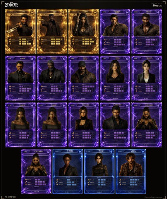 A grid display titled 'The Family - Hesus' shows 19 character cards from a game called 'The Syndicate,' featuring characters in purple frames and a few in gold frames including Chase, Raze, and Menace.