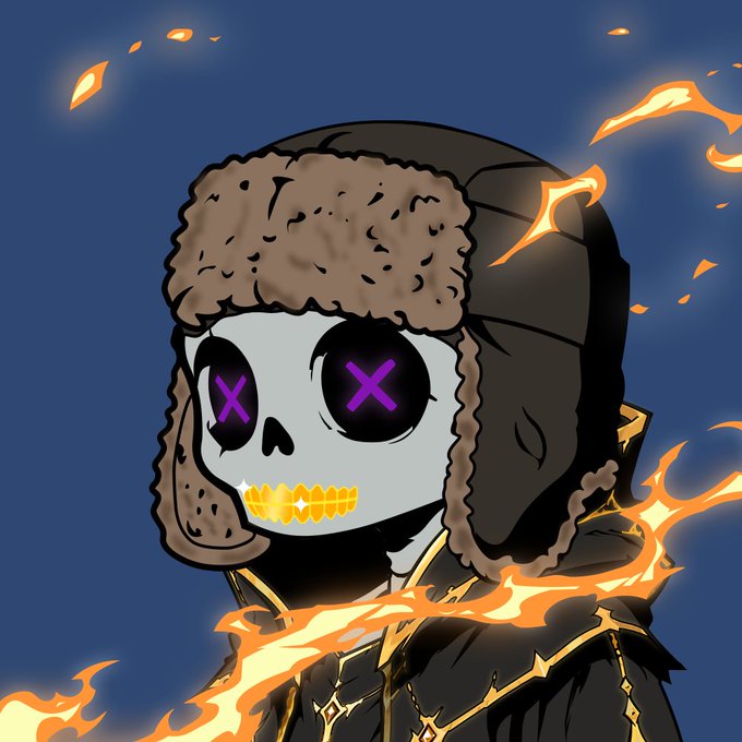 A digital illustration of a skeletal skull character wearing a fur-lined trapper hat, featuring glowing purple X's for eyes and a golden grill, surrounded by fiery flames. The image ties into the promotional post announcing the "Afterborn" NFT collection, with the skeleton and flames evoking a dark, edgy aesthetic fitting for a free mint event on September 7.