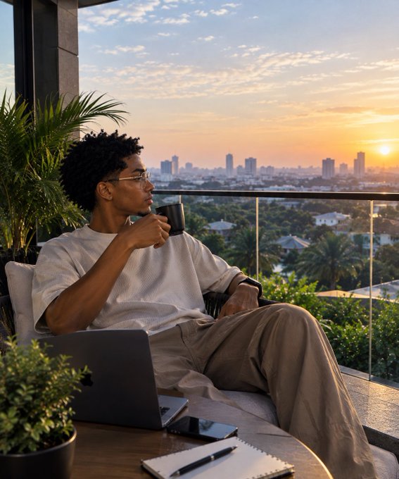 A young man with curly hair sitting on a balcony holding a coffee mug, with a laptop nearby, looking out at a cityscape during sunset.