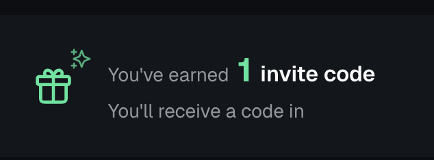The image shows a notification reading "You've earned 1 invite code" alongside a gift icon, with the message "You'll receive a code in" appearing below. It relates to the post by confirming the user has obtained an invite code for rise.trade, which they're sharing with others via the link rise.trade/invite/blanc.