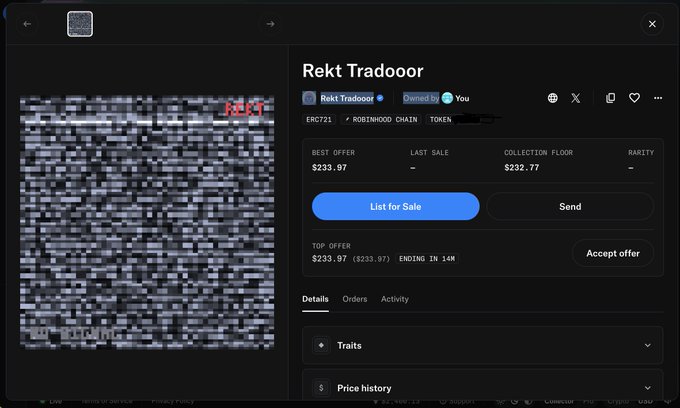 An OpenSea NFT listing page for 'Rekt Tradooor' on Robinhood Chain, showing a pixelated image with 'REKT' text, a best offer of $233.97, collection floor of $232.77, and a top offer expiring in 14 minutes.