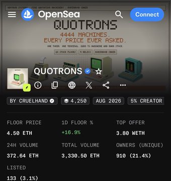 A screenshot of an OpenSea NFT collection page for 'QUOTRONS' on the Base chain, showing '4444 MACHINES EVERY PRICE EVER ASKED,' 4,250 items, 5% creator royalties, a floor price of 4.50 ETH (+16.9%), 24h volume of 372.64 ETH, and 910 unique owners.