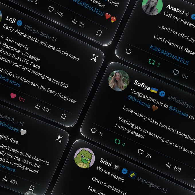 A collage of dark-themed social media tweets discussing the 'Hazels' creator economy project, with users including Loji (@Kriptoooo), Anabel, Sofiya (@0xSofiya), and Srini (@srinigoes).