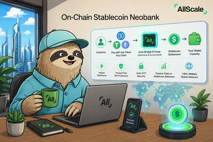 An illustrated promotional graphic for 'AllScale - On-Chain Stablecoin Neobank' featuring an anthropomorphic sloth in a cap at a laptop, alongside icons detailing features like 'Auto Bridge & Swap', 'Instant Settlement', and '2K Protection'.