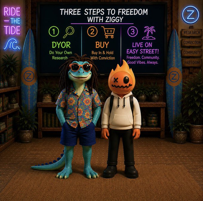 Two cartoon characters—one a blue lizard in a floral Hawaiian shirt and sunglasses, the other a figure with an orange flame-like head in a hoodie—stand beneath a neon-lit screen titled "THREE STEPS TO FREEDOM WITH ZIGGY," which outlines the steps "1) DYOR (Do Your Own Research)," "2) BUY (Buy In & Hold With Conviction)," and "3) LIVE ON EASY STREET! Freedom. Community. Good Vibes. Always." The image visually reinforces the post's message by expanding the often-vague "DYOR" advice into a clear framework, with ZiggyOnBase (@ZiggyOnBase) branding and the "Ride the Tide" neon sign tying the lesson to their crypto community ethos of research, conviction, and freedom.