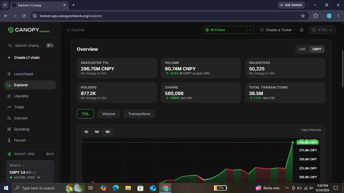 !"Graduated TVL" refers to a specific type of coin within the Canopy ecosystem, valued at approximately 296.75 million currency units (CNPY). The post appears to be discussing this coin's performance, highlighting that it has grown by over 80% in value. This growth can be represented visually through an upward-moving line graph on the dashboard screen, displaying the progression of the coin's value over time. It is essential to note that the word "Graduated" implies a gradient or slope pattern within the coin's value change, and therefore it represents this coin.