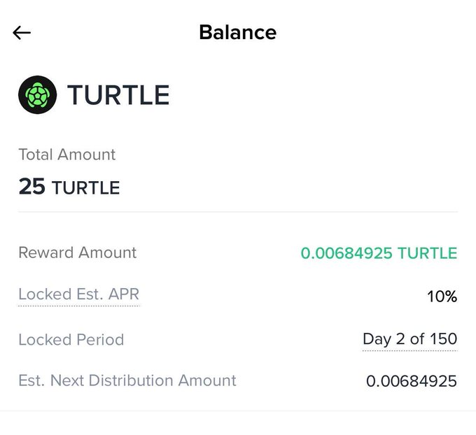 A mobile app screen displaying a 'Balance' page for a crypto token called 'TURTLE', showing a total amount of 25 TURTLE and a reward amount of 0.00684925 TURTLE.
