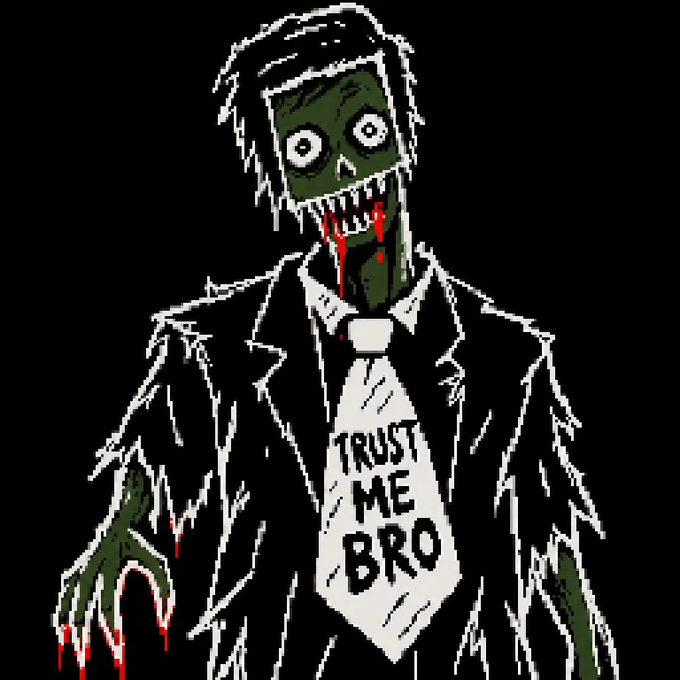 A spooky illustration of a green-skinned zombie in a tattered black suit and tie, with blood dripping from its sharp teeth, wearing a tie that reads 'TRUST ME BRO'.