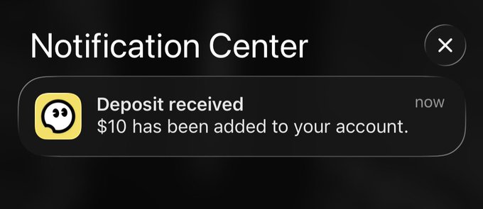 A smartphone screenshot of a dark-mode Notification Center displaying a Cash App notification that reads 'Deposit received - $10 has been added to your account.' with a timestamp of 'now'.
