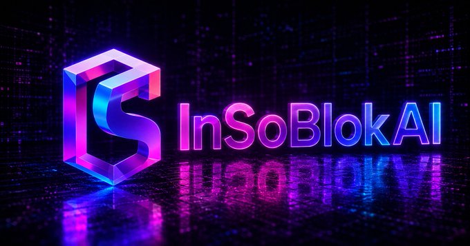 Glowing neon 3D logo for 'InSoBlokAI' featuring a stylized blue and pink hexagonal 'S' icon against a dark digital background