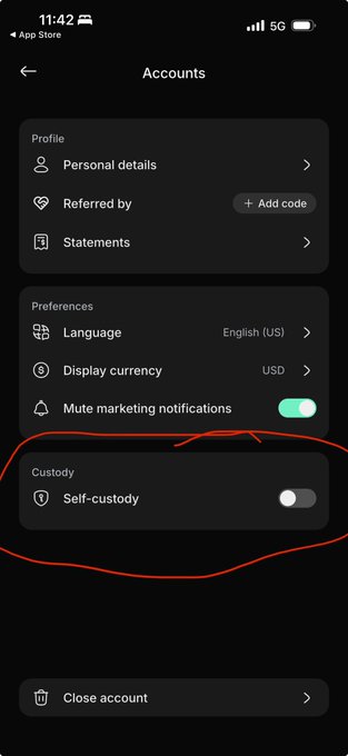 A mobile app screenshot showing an "Accounts" settings page with a red circle drawn around a "Custody" section containing a "Self-custody" toggle option.