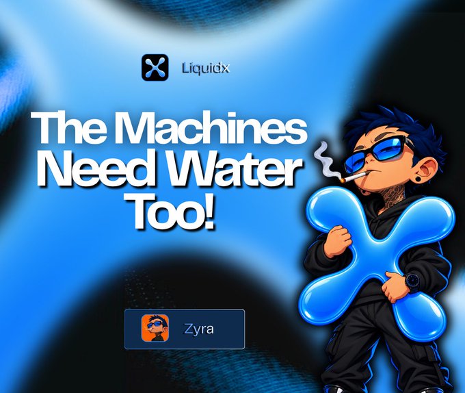 A promotional graphic for LiquidX ($LQX) on Solana, featuring a stylized character with blue hair, sunglasses, and a cigarette holding a glossy blue X-shaped balloon. The bold text reads "The Machines Need Water Too!" alongside the LiquidX logo and a profile card for "Zyra," visually reinforcing the post's message about the water demands of AI-driven cooling infrastructure.