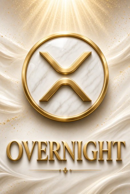 A luxurious gold and marble XRP emblem with the word "OVERNIGHT" displayed beneath it, set against flowing cream fabric with golden sparkles. The image's "overnight" caption visually amplifies the post's ambitious $1000 price target for XRP, suggesting such a massive 63,190% gain could happen in a single night.