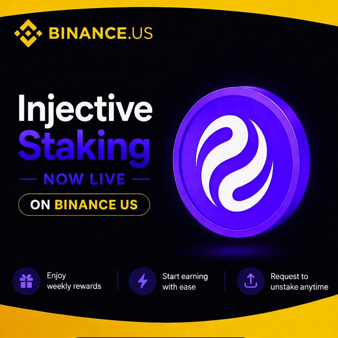 The image features a purple coin with white swirls, which appears to be a new cryptocurrency called $INJ. The coin has been launched by Binance US, an online marketplace for cryptocurrencies. The post highlights that users can now do everything related to the coin in one place, including buying, transferring funds between trading pairs, and staking their coins. It also mentions that withdrawals are now allowed on this new cryptocurrency.