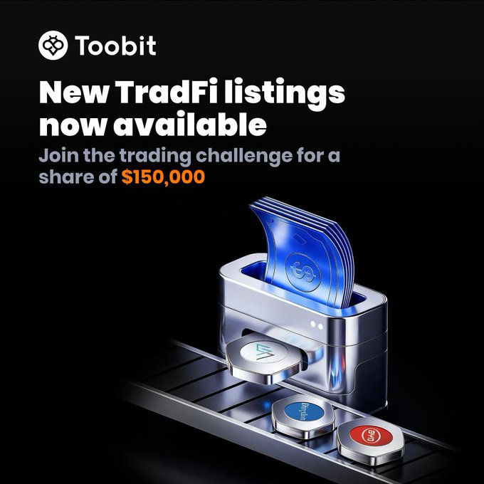 A promotional advertisement for Toobit featuring the text "New TradFi listings now available" and "Join the trading challenge for a share of $150,000" alongside a 3D rendering of metallic blocks with trading-themed icons emerging from a slot.
