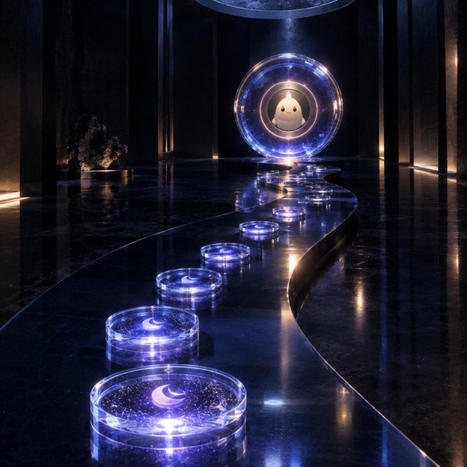 A futuristic dark scene with a glowing blue circular portal containing a small ghost-like figure, connected by a path of glowing circular platforms displaying crescent moon symbols on a reflective floor.