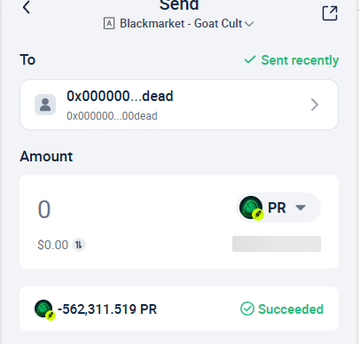 A cryptocurrency wallet 'Send' screen showing a successful transaction of -562,311.519 PR (likely PARALLEL token) sent to wallet address '0x000000...dead' on the Blackmarket 'Goat Cult' network.