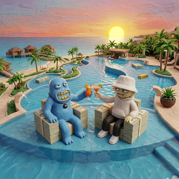 A claymation-style scene of two characters sitting on stacks of money in a resort pool, toasting with cocktails at sunset with tropical cabanas in the background.
