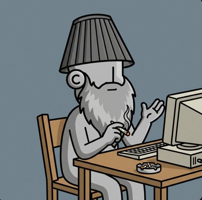 Cartoon illustration of an old man with a long gray beard wearing a lampshade on his head, sitting at a desk smoking a cigarette next to an old computer.