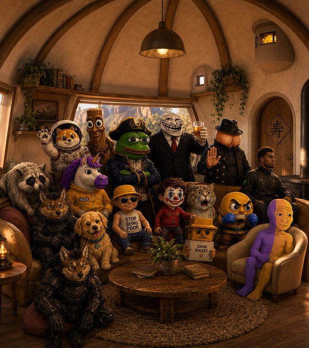 A diverse group of internet meme characters, including Pepe the Frog and various anthropomorphic animals, are gathered in a cozy, tavern-like setting. This visual represents the "meme culture" mentioned in the post, showcasing popular internet icons as a way to represent various assets within the Solana cryptocurrency ecosystem.
