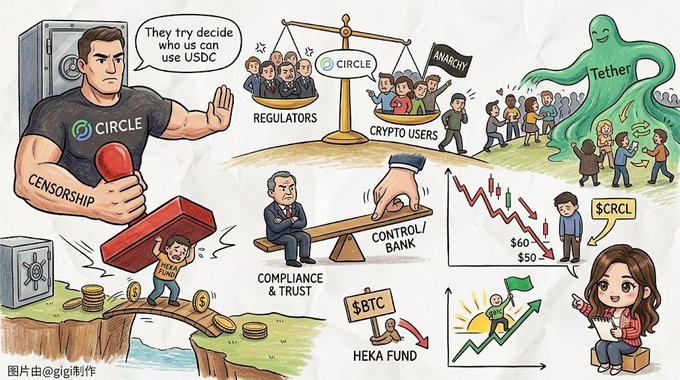 A cartoon illustration depicting the crypto industry, showing 'CIRCLE' holding a censorship stamp and a safe, with 'REGULATORS' and 'CRYPTO USERS' on a scale. Other elements include a giant green 'Tether' monster, a 'HEKA FUND' trying to control the market, and price charts showing '$60' and '$50'.
