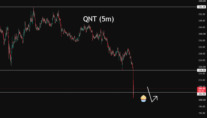 A 5-minute candlestick chart of $QNT/USDT shows a sharp drop from the ~228 range down to $204.59, accompanied by a cupcake emoji and a white arrow pointing to the sudden price decline, illustrating the "incredible" downside move referenced in the post.