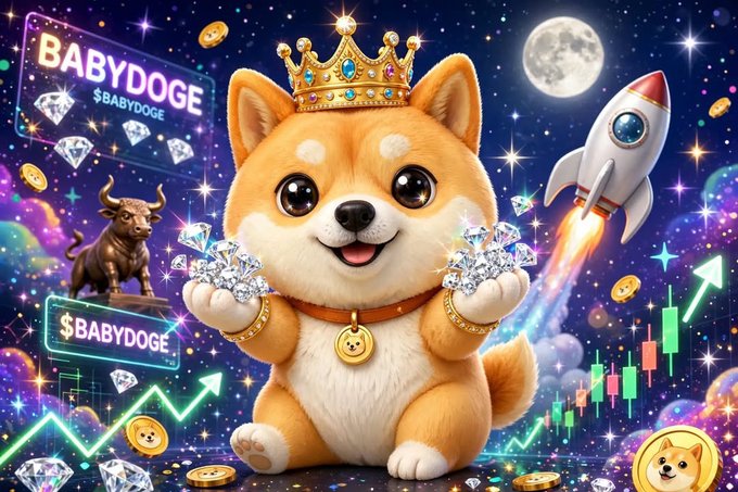 A cartoon illustration of a Shiba Inu dog wearing a jeweled crown holds diamonds in its paws, surrounded by space-themed elements including a rocket, moon, stars, cryptocurrency charts, and text reading "BABYDOGE" and "$BABYDOGE."