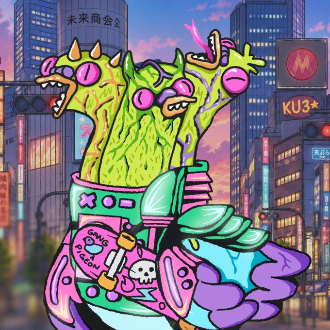 The image features a cartoon illustration of a green monster with pink horns, wearing a pair of shoes that are blue, purple, and green. The monster has a backpack on its back and appears to be walking down a city street. The caption for the image reads "Rally NFT GIVEAWAY giving away 1 GTD whitelist Requirements: → follow @RallyOnChain & @josephweb3 → like this post → join and participate in this campaign: appr... winners next monday drop your EVM address below".