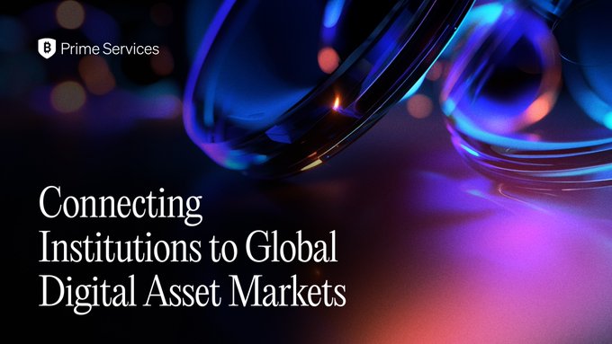 A promotional graphic for BitGo Prime Services features a dark background with two glowing purple and blue spheres and the headline "Connecting Institutions to Global Digital Asset Markets," visually reinforcing the post's message about enabling institutional capital to connect with global digital asset markets through liquidity, custody, and financing solutions.