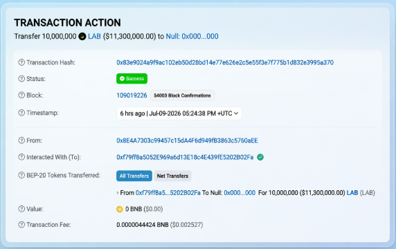 Blockchain transaction record showing a successful transfer of 10,000,000 LAB tokens ($11,300,000.00) on block 109019226 with 54003 confirmations, timestamped 6 hrs ago on Jul-09-2026.