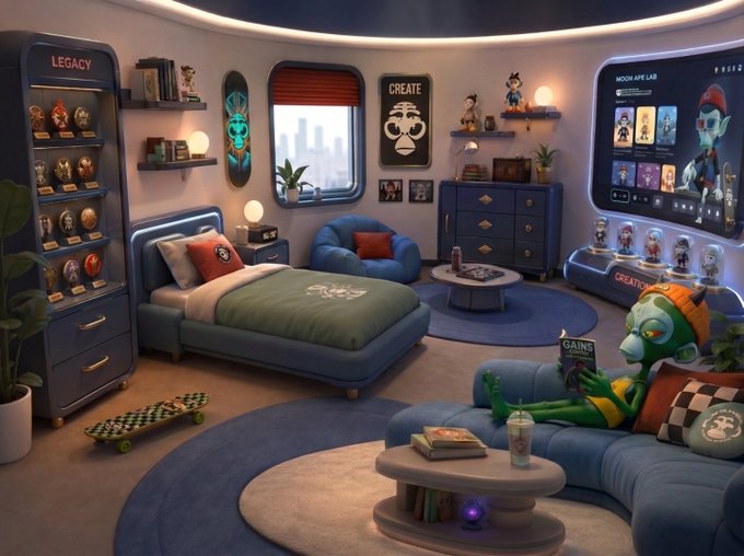 A 3D-rendered room interior featuring 'MOON APP LAB' and 'CREATE' branding, with a cartoon character reading on a couch surrounded by collectible figures and NFT displays.