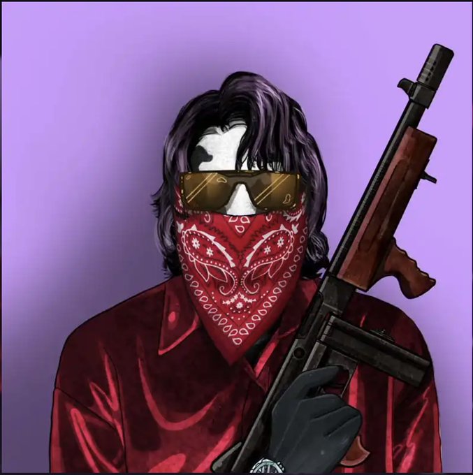 An illustration of a masked figure wearing a red bandana, gold sunglasses, and a red shirt while holding an assault rifle with a suppressor against a purple background.