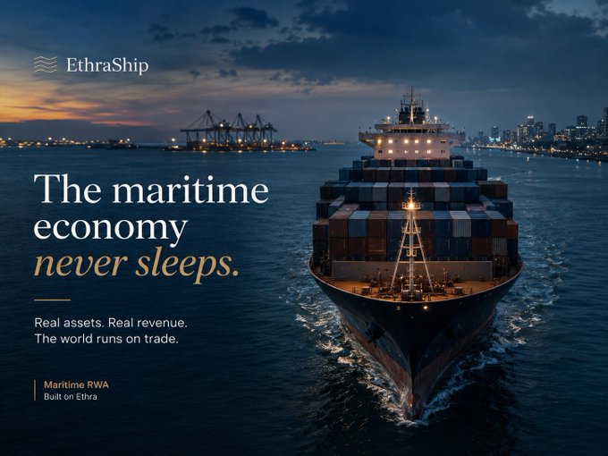 A promotional graphic for EthraShip showing a large container ship at dusk with text: 'The maritime economy never sleeps. Real assets. Real revenue. The world runs on trade. Maritime RWA Built on Ethra'.