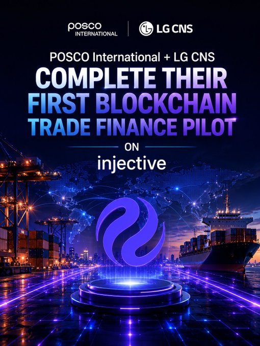 A promotional graphic reads "POSCO International + LG CNS COMPLETE THEIR FIRST BLOCKCHAIN TRADE FINANCE PILOT ON injective" featuring logos for Posco International and LG CNS.