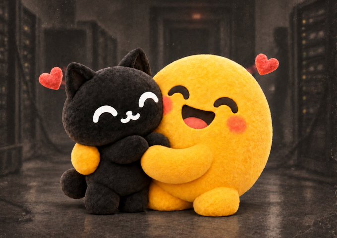 Two adorable plush characters, a black cat and a yellow smiley face, hugging each other with hearts floating around them in a dark, atmospheric setting.