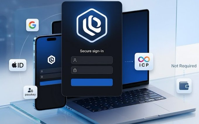 A digital illustration showcasing a secure sign-in interface on a smartphone and laptop, featuring logos for Google, Apple ID, ICP, and passkey authentication options with 'Not Required' text visible.