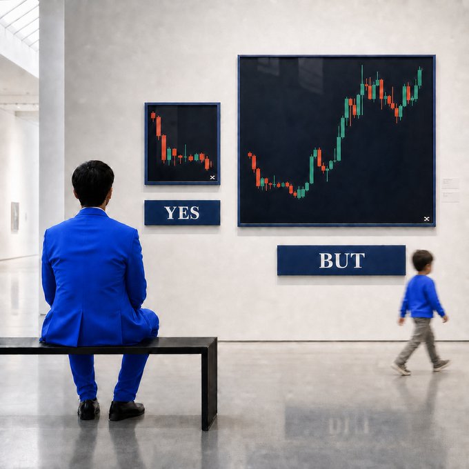 An art gallery scene showing a man in a blue suit sitting on a bench facing two framed stock charts labeled 'YES' and 'BUT', while a boy in a blue sweater walks past.