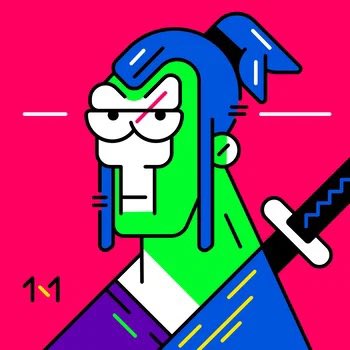A vibrant cartoon ninja character with green skin, a blue bandana, and a katana on its back, set against a bright pink background with an 'M' logo.