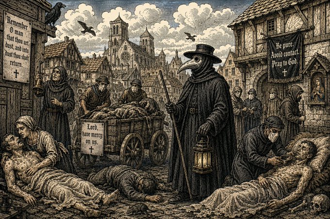 A detailed black and white engraving depicting a medieval plague scene with figures in robes and bird-like plague doctor masks attending to the sick and dead, with signs reading "Remember O man thou art dust, and into dust thou shalt return" and "Be pure. Avoid contact. Pray to God".