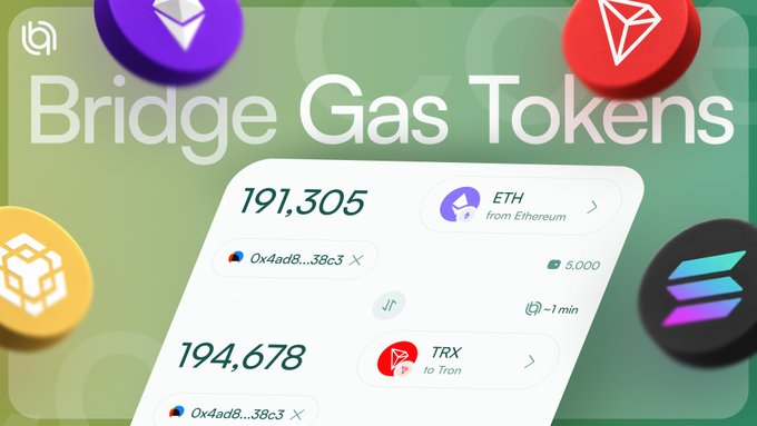 “Bridge Gas Tokens” graphic showing Ethereum ETH to Tron TRX conversion numbers, token logos, and a visible fee label “-1 min.”