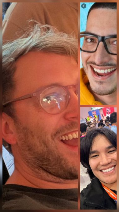 A three-panel photo collage shows three smiling people at what appears to be an event or convention, with the largest panel featuring a man with glasses and a brown beanie.