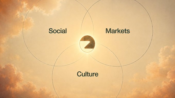 A Venn diagram with three overlapping circles labeled 'Social', 'Markets', and 'Culture' over a warm cloudy sky background, with a Pac-Man-like logo at the center intersection.