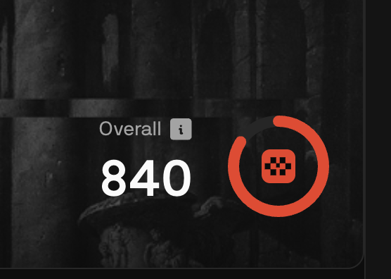 A dark-themed digital score display shows an 'Overall' score of 840 next to an orange circular icon with a checkered dice symbol.