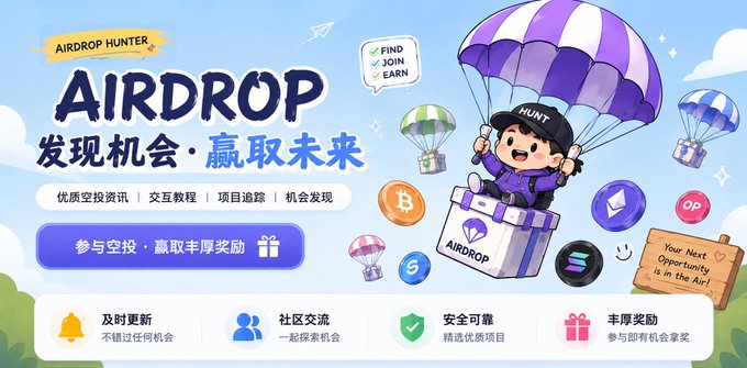Promotional banner for 'AIRDROP HUNTER' featuring a cartoon character parachuting with an airdrop package, surrounded by crypto coin logos (Bitcoin, Ethereum, Solana, Optimism), with Chinese marketing text and feature highlights for airdrop discovery and rewards.