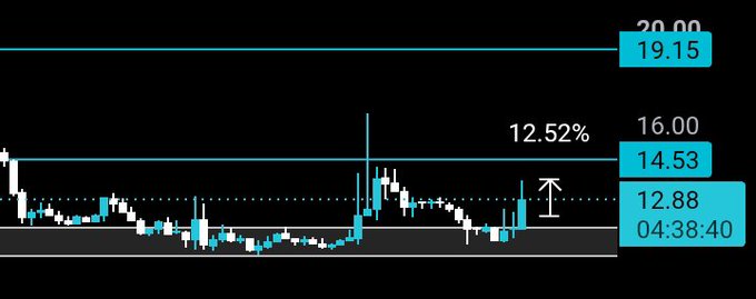 A candlestick chart showing price action between support at 12.88 and resistance at 16.00 (current 14.53), with 19.15 marked above and a 12.52% indicator highlighted.