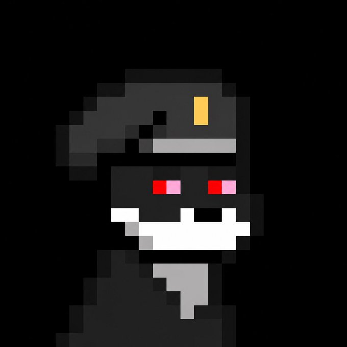 A pixel art image shows a dark character with a wide grin showing teeth, a red and pink striped hat with a yellow emblem, and a red nose on a black background.